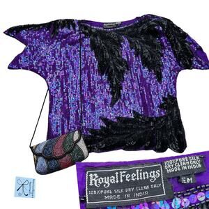 Royal Feelings 100% Pure Silk Sequinned Glamcore Top Sz M